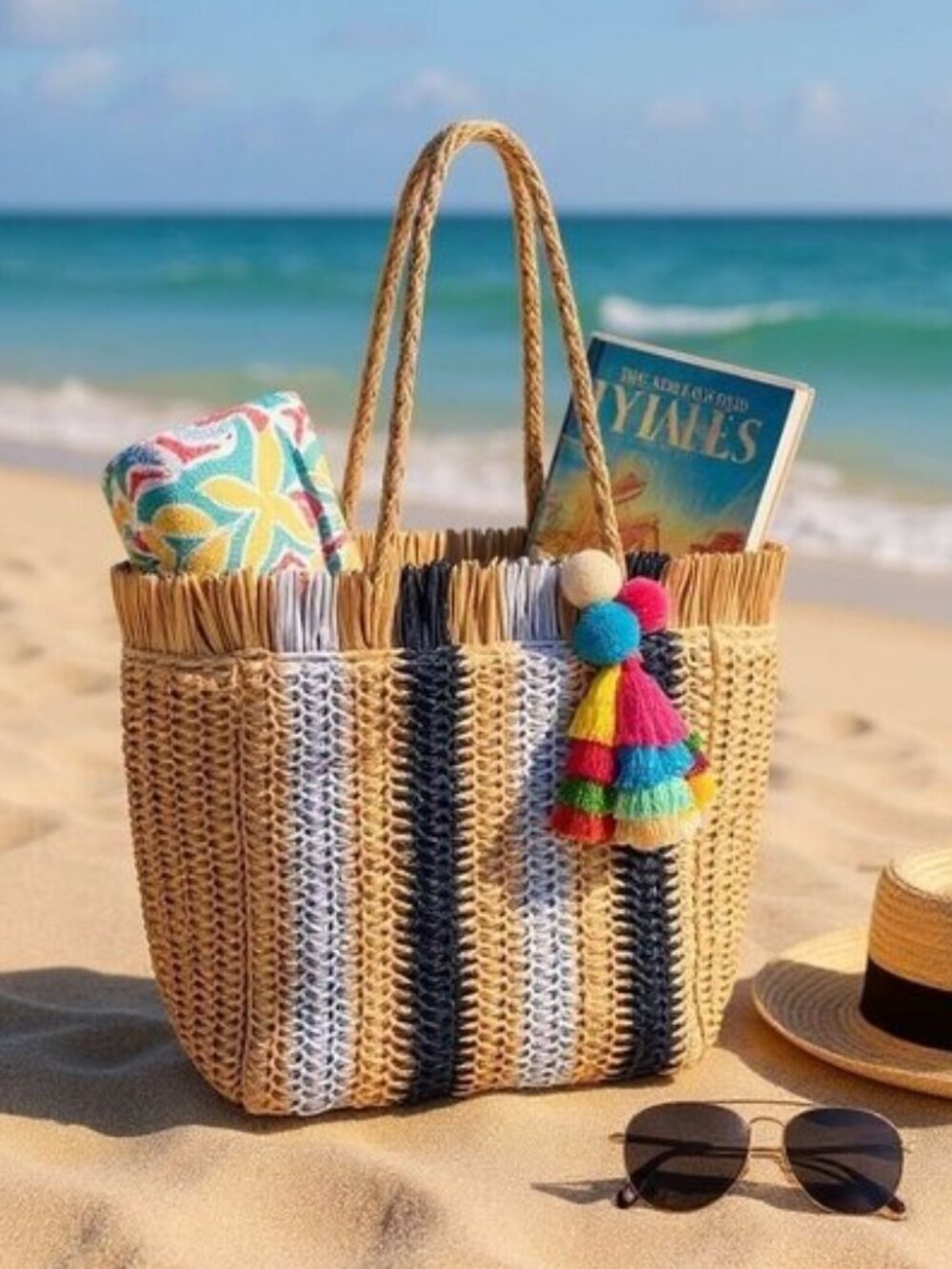 Straw Tote Bag Striped Navy Tassel Zipper Lined Boho Mediterranean Vacation - Picture 6 of 13